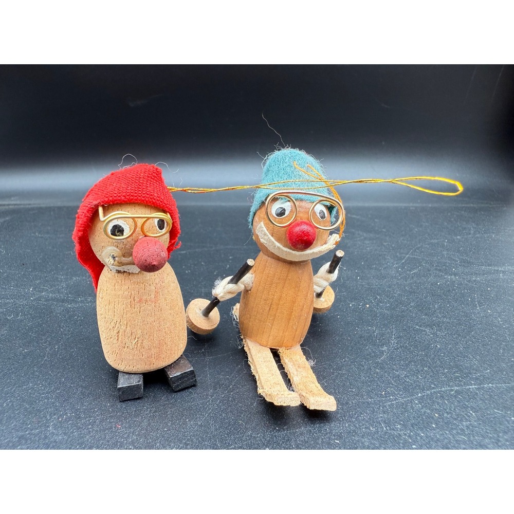Vintage Kurt Adler Elf Wooden Skier Ornament Companion Red Hat Figure Lot of 2